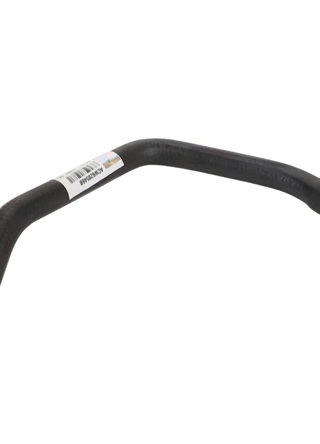 A sleek, black curved AGCO Water Hose - Acw620546B with a label attached to it. The hose features open ends and is showcased against a pristine white background.