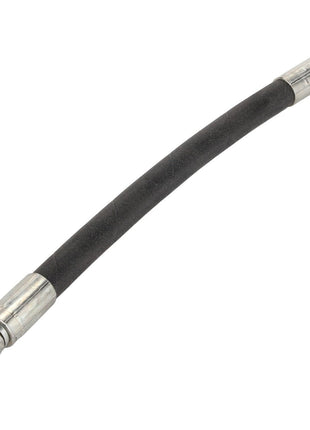 The AGCO Hose - Acp0384500, from the brand AGCO, is a flexible black hose featuring metal connectors on both ends, designed primarily for fluid transmission.