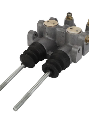 No current product description information is available, but the AGCO | Master Cylinder - Acw2918080 by AGCO is a mechanical component featuring two cylindrical shafts with rubber boots, connected to a metal housing with three gas or fluid fittings on top.