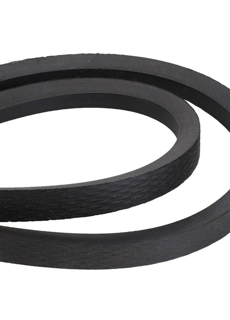 Close-up of the AGCO KIT, V BELT - D26733588 looped and partially twisted, revealing its flat, ribbed surface and uniform thickness. This high-quality black rubber belt is crafted under the reputable AGCO brand.