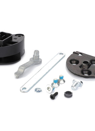 Introducing the AGCO Adjustment Set - F930500030320, a high-quality assemblage from AGCO. This set includes a black plastic component, a metal lever, a flat metal strip, a black metal plate, and an assortment of small screws and bolts for your mechanical needs.