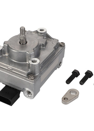 The AGCO | Kit, Actuator - Acp0516000, a metallic automotive part with a black connector, is shown alongside three black bolts and a small metal piece.