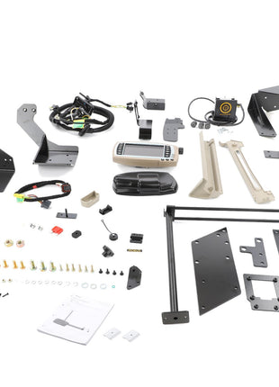 A collection of metal brackets, electronic components, cables, fasteners, and a user manual from the AGCO Telemetry Terminal Kit - Acw0763170 is arranged on a white background. No current product description information is available.