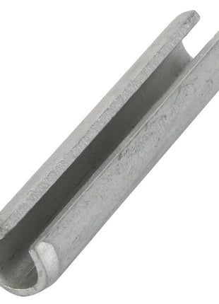 Close-up of an AGCO PIN - AL725637, a metal clevis pin featuring a U-shaped groove and cylindrical body, commonly used for securing components in machinery.
