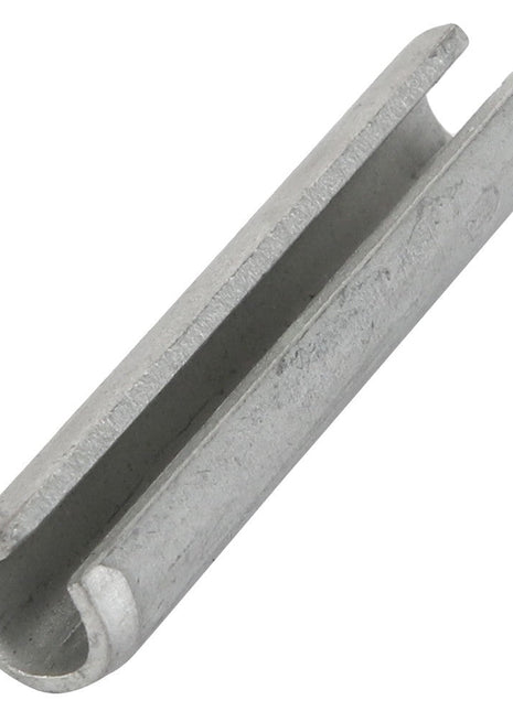 Close-up of an AGCO PIN - AL725637, a metal clevis pin featuring a U-shaped groove and cylindrical body, commonly used for securing components in machinery.