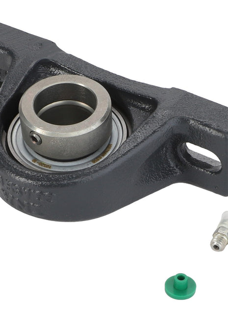 The AGCO BEARING CARRIER - D41712600, which comes with a housing, is pictured alongside a green plastic cap and a metal fitting, both detached and positioned next to the bearing.