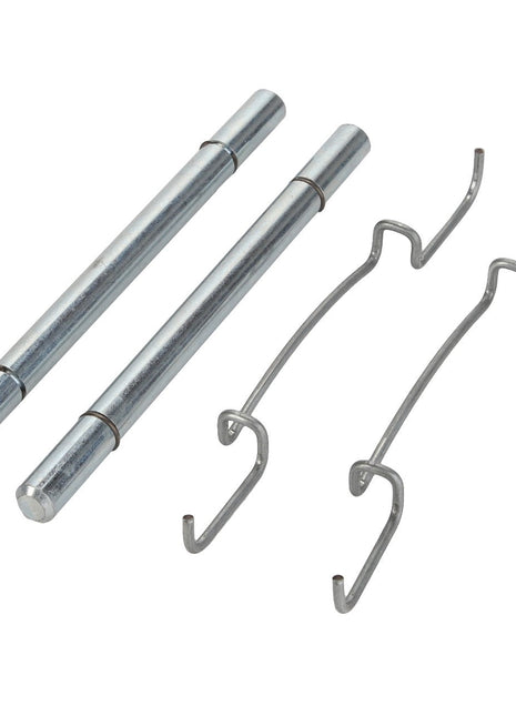 Two AGCO SPRING - D46140031 metal rods and two S-shaped hooks are placed side by side on a white background, creating a streamlined product display for the AGCO brand.