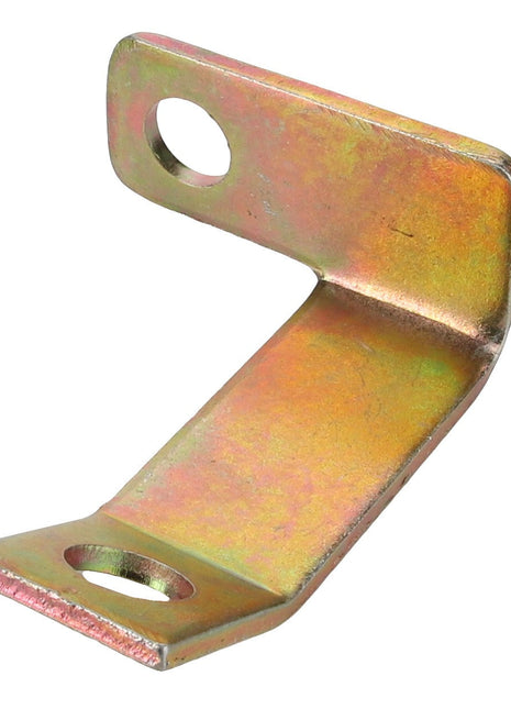 A rugged AGCO Clip - Acp0501640 metal bracket with two holes and an innovative angled design.