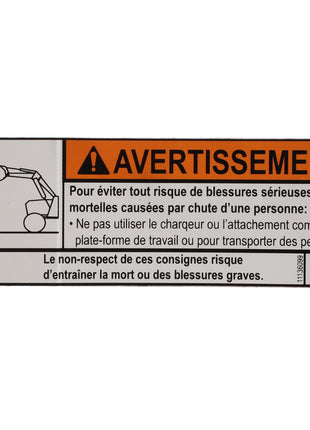 Warning label in French advising not to use the AGCO DECAL - AL11136099 or attachment to lift or transport people. Non-compliance can result in serious injury or death.