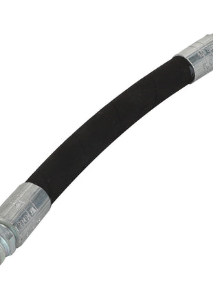 The AGCO | Hydraulic Hose - Acx234943A is a flexible, black hydraulic hose featuring silver metal connectors on both ends and designed with abrasion-resistant coverings to withstand extreme temperatures.