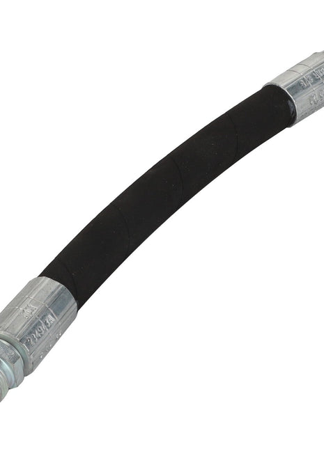 The AGCO | Hydraulic Hose - Acx234943A is a flexible, black hydraulic hose featuring silver metal connectors on both ends and designed with abrasion-resistant coverings to withstand extreme temperatures.