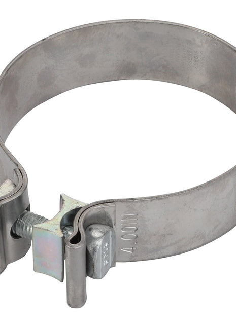 The AGCO BAND CLAMP - CH205-5371, a stainless steel hose clamp from the renowned brand AGCO, features a T-bolt fastener mechanism designed to securely tighten and hold hoses in place.