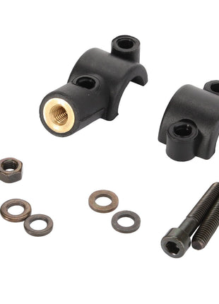 The AGCO Left Hand Bracket - Ac008-753 set includes two sturdy black metal clamps with threaded brass inserts, two hex nuts, three washers, and two hex bolts, all neatly arranged on a pristine white background.