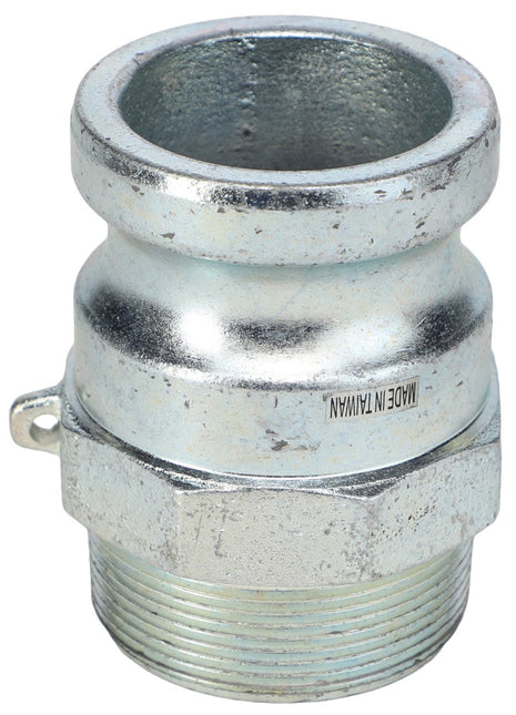 A metal cam and groove fitting with threads and a sleek, shiny surface named the AGCO | NIPPLE - AG552348. The text "Made in Taiwan" is visible on the fitting, but currently, no product description information is available.