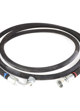 The AGCO | HYDR. HOSE - AL9031577 is a coiled black hydraulic hose equipped with metal connectors at both ends, featuring one straight and one angled connection. Further product description information is currently unavailable.