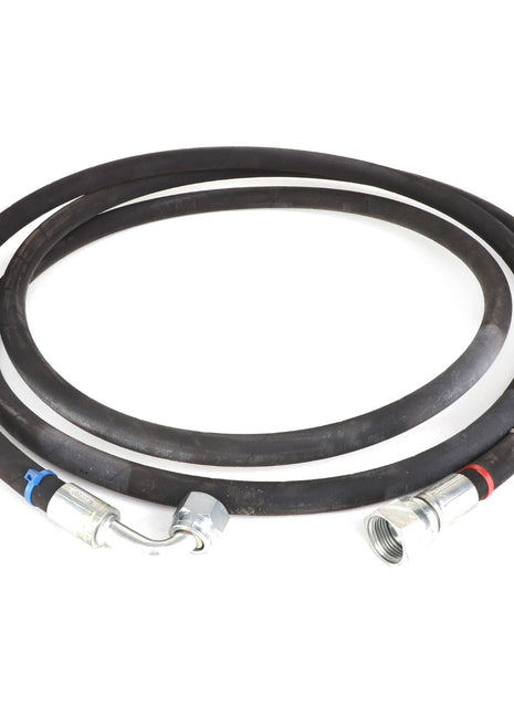 The AGCO | HYDR. HOSE - AL9031577 is a coiled black hydraulic hose equipped with metal connectors at both ends, featuring one straight and one angled connection. Further product description information is currently unavailable.