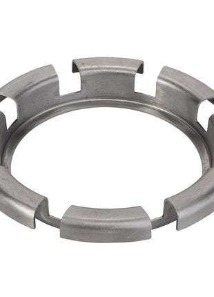 The AGCO | CAGE - F743300021510, a metal ring designed with six evenly spaced, slightly curved tabs extending outward from its circumference, lacks an available product description.