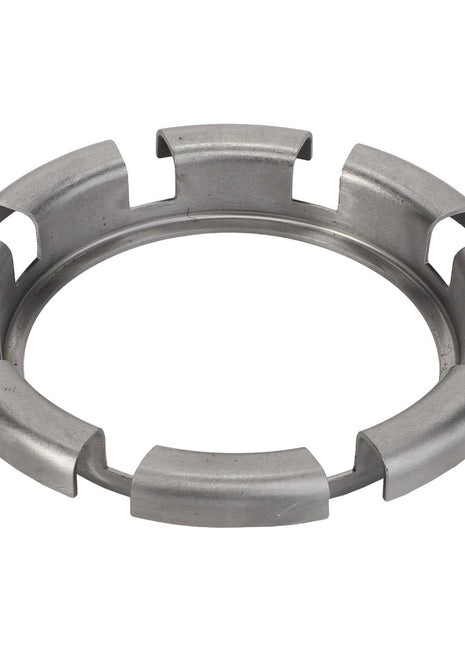 The AGCO | CAGE - F743300021510, a metal ring designed with six evenly spaced, slightly curved tabs extending outward from its circumference, lacks an available product description.