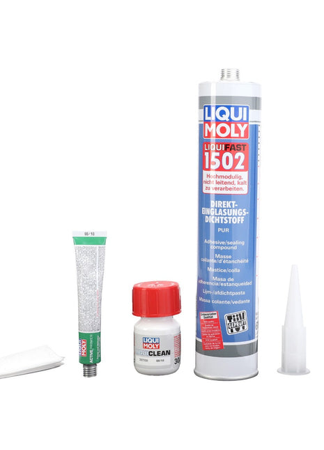 A set of automotive sealant products from AGCO, including the AGCO Adhesive - F816810040010 tube, applicator nozzle, cleaner, primer tube, cloth, and plastic tool. Note: There are no SEO keywords available due to the lack of product description information.