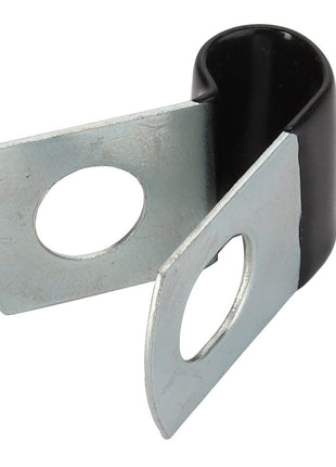 AGCO | Clip - Acp0025370: Metal cable clamp with rubber coating, featuring two perforated wings for mounting.