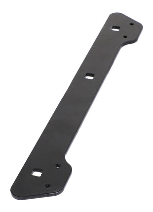 The AGCO STRAP - ACP0142220 is a flat, black metal bracket with four square cutouts and two rounded ends, ideal for secure installations. For more details or assistance, please contact our support team.