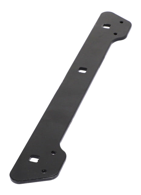 The AGCO STRAP - ACP0142220 is a flat, black metal bracket with four square cutouts and two rounded ends, ideal for secure installations. For more details or assistance, please contact our support team.