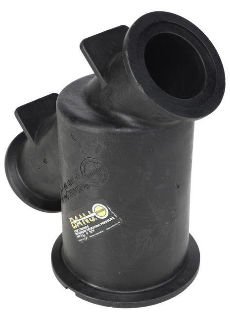 A black plastic pipe fitting with multiple openings and an AGCO branded sticker, ideal for use with AGCO's Y Manifold Strainers, specifically the AG725931 model.