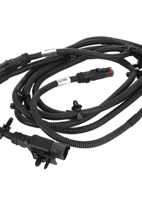 Close-up of the AGCO Jumper Harness, Lighting - Acw214971A, showcasing multiple connectors and tags with black corrugated tubing.