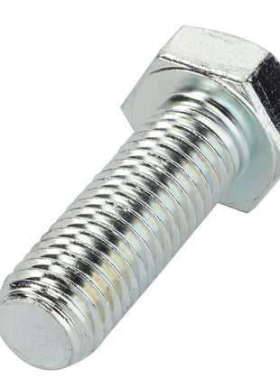 A close-up image of an AGCO | HEXAGONAL HEAD BOLT - 0901-22-12-00, featuring a silver metallic hex bolt with a threaded shaft and a hexagonal head, oriented at an angle. 