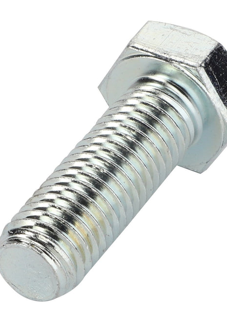 A close-up image of an AGCO | HEXAGONAL HEAD BOLT - 0901-22-12-00, featuring a silver metallic hex bolt with a threaded shaft and a hexagonal head, oriented at an angle. 