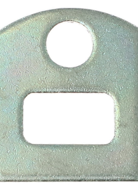 The AGCO | LOCKING PLATE - V30602010 is a flat, metallic bracket featuring a circular hole near the top, a rectangular slot below it, and rounded top edges.