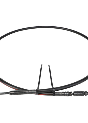 Introducing the AGCO Control Cable, Loader - AL5020942 from AGCO, a coiled black automotive throttle cable featuring metallic connectors and a red stripe, ensuring operating safety and reliability.