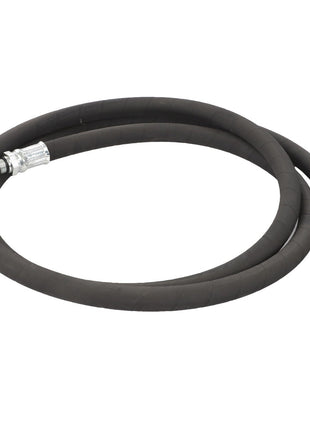 A coiled black rubber hose from AGCO, the AGCO Hose - Acp0004490, featuring sturdy metallic connectors on both ends.