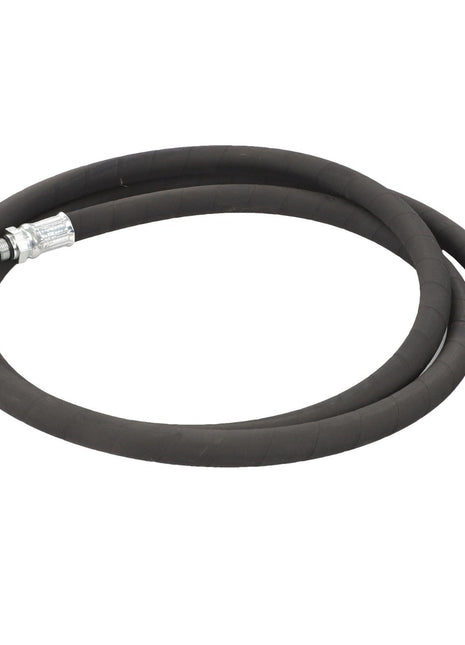 A coiled black rubber hose from AGCO, the AGCO Hose - Acp0004490, featuring sturdy metallic connectors on both ends.