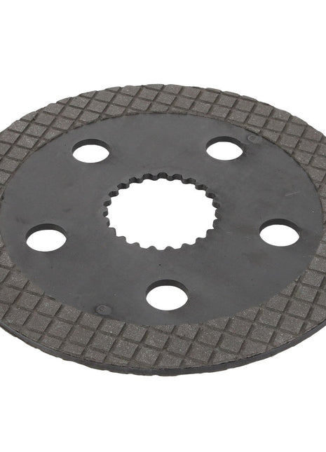 The AGCO Brake Disc - Acp0420620 is a round metal friction plate featuring a grid pattern, five holes, and a central gear-like hole designed for mechanical or automotive applications. Perfect for inclusion in braking systems, this product meets the high-quality standards associated with Genuine AGCO Parts.