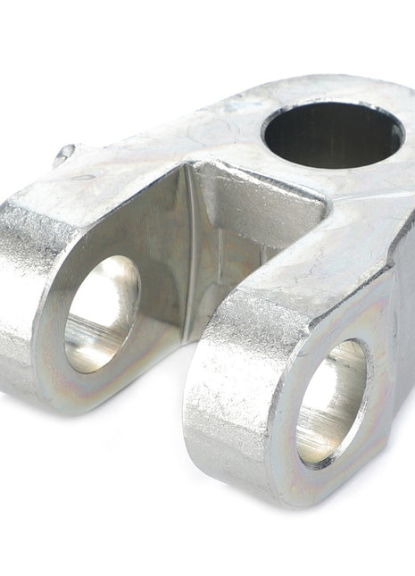 A metallic mechanical part, the AGCO | Clevis, Arm - F350870200060 from AGCO, features a rectangular base with a large central hole and two smaller side holes, making it suitable for hitch linkage components.