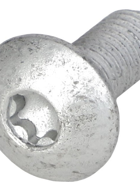 Close-up of the AGCO Button Socket Head Capscrew - Acw4075160, featuring a silver finish and a flat, circular head with a unique Allen-style socket. The short screw has a threaded body. No current product description information available.