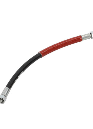 Introducing the AGCO Hose - Acp0668730, a flexible hydraulic hose by AGCO, equipped with metal fittings at both ends and a distinctive red sleeve along part of its length.