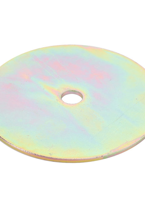 Introducing the AGCO Washer - La300135084: A metallic disc manufactured by AGCO, featuring a central hole and a stunning rainbow-like iridescent surface. For more details, product description is currently unavailable.