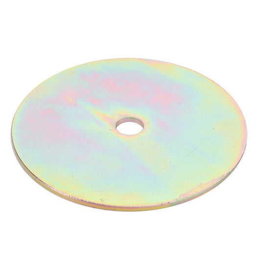 Introducing the AGCO Washer - La300135084: A metallic disc manufactured by AGCO, featuring a central hole and a stunning rainbow-like iridescent surface. For more details, product description is currently unavailable.