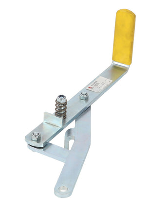 The AGCO | LEVER KIT - AL5220646, a metal lever with a yellow handle, features a spring mechanism and an attached label with text. No current product description information is available.