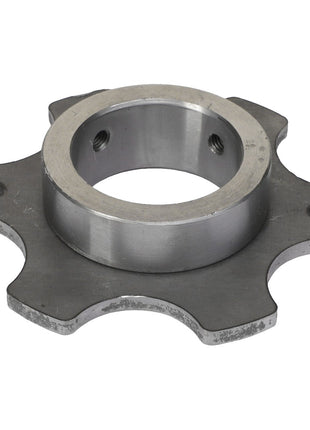 Product Description: The AGCO Sensor Sprocket - Acx0124970 is a metallic circular flange featuring a central hole and four outer protrusions, engineered for mechanical or industrial applications. Its surface shows signs of wear, indicative of previous use in demanding environments.