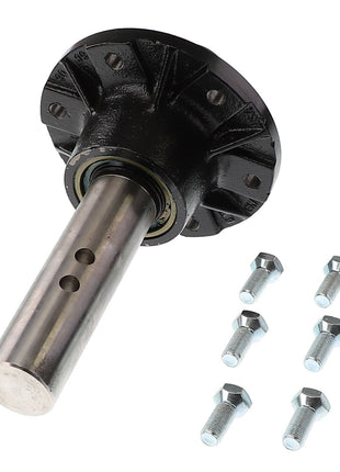 The AGCO Spindle - Acp0023500, a metal propeller shaft, is accompanied by six bolts that are arranged in two parallel rows. Unfortunately, there is no current product description available.