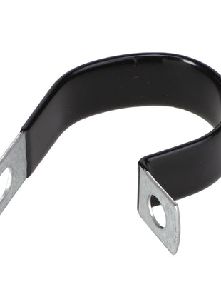 The AGCO Cable Clamp - AG562238 by AGCO, featuring a black insulative coating and two flat ends with circular holes for mounting, ensures reliable performance and long-lasting service.