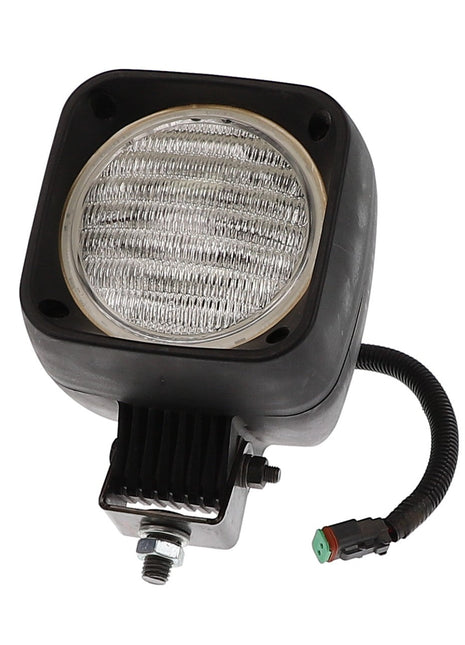 The AGCO WORKLIGHT - AG129822 is a square, black, and silver automotive light featuring a corrugated lens. It is mounted on a bracket and equipped with a coiled wire and connector at the bottom. Unfortunately, no additional product description information is currently available.