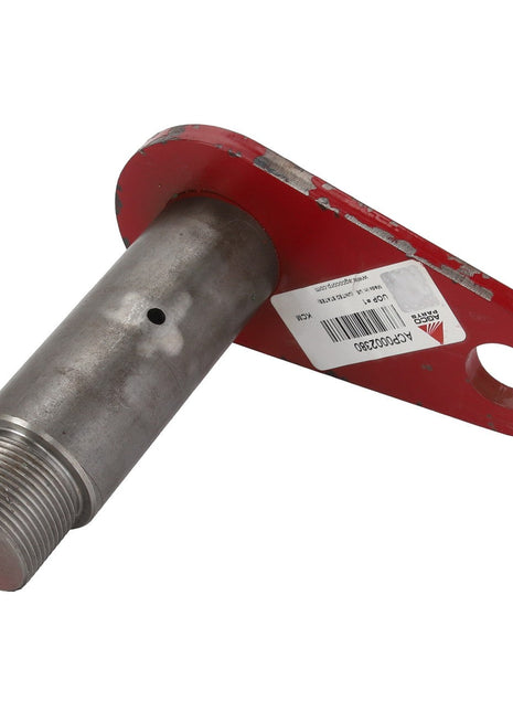 The AGCO | Pin - Acp0002380 by AGCO is a metal component featuring a cylindrical rod and threaded end, attached to a flat, red-painted plate with a round hole and label.