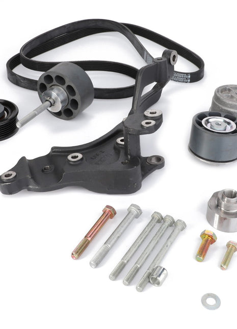 The AGCO Kit, Tensioner - Acp0340730 includes a serpentine belt along with various components such as pulleys, a tensioner, a bracket, and bolts. All items are designed to OE quality standards to ensure optimal performance and durability, and are displayed against a white background.