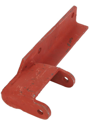 The AGCO Bracket - Acp0208730 is a red, L-shaped metal bracket featuring two holes at the base and additional holes along the vertical section. The surface exhibits signs of wear and some chipped paint, indicating previous usage but preserving its structural integrity.