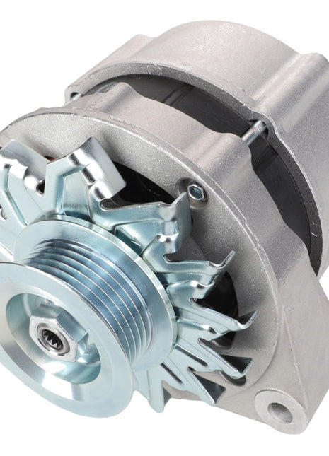 The AGCO Alternator - Acw0643590 by AGCO is a silver automotive alternator with a durable casing and pulley mechanism, meticulously designed for generating electrical power and charging the vehicle's battery. It is an ideal choice for tractor electrical systems.