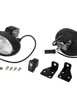 A pair of AGCO black automotive fog lights (Accessory Code: Acw1454000) with mounting brackets, a switch, wiring, and screws laid out on a white background. No current product description information available.